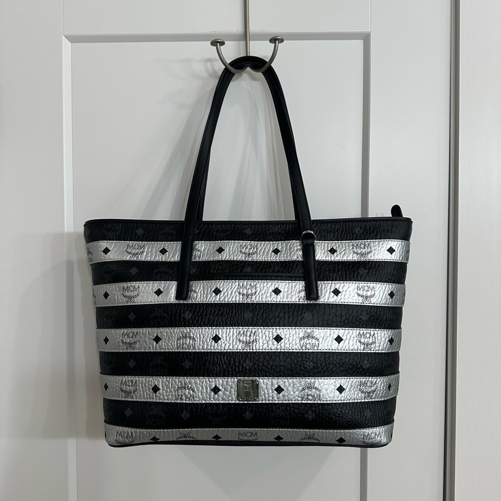 MCM Striped Black and Silver Tote